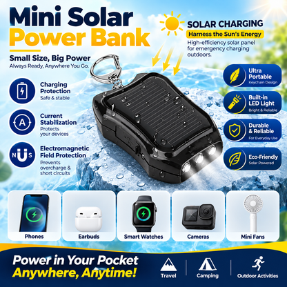 ☀️50 % RABATT JUST NU! Bärbar solcellsladdare på 1200 mAh i nyckelringsformat med ficklampa – perfekt som reservkraftkälla vid camping och vandring utomhus