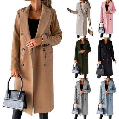 Autumn Hundred Solid Color Long Sleeve Double Breasted Pocket Women's Coat