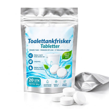 Förpackning med 20 stycken vita, runda brusetabletter för att fräscha upp och ta bort lukt i toalettcisternen
