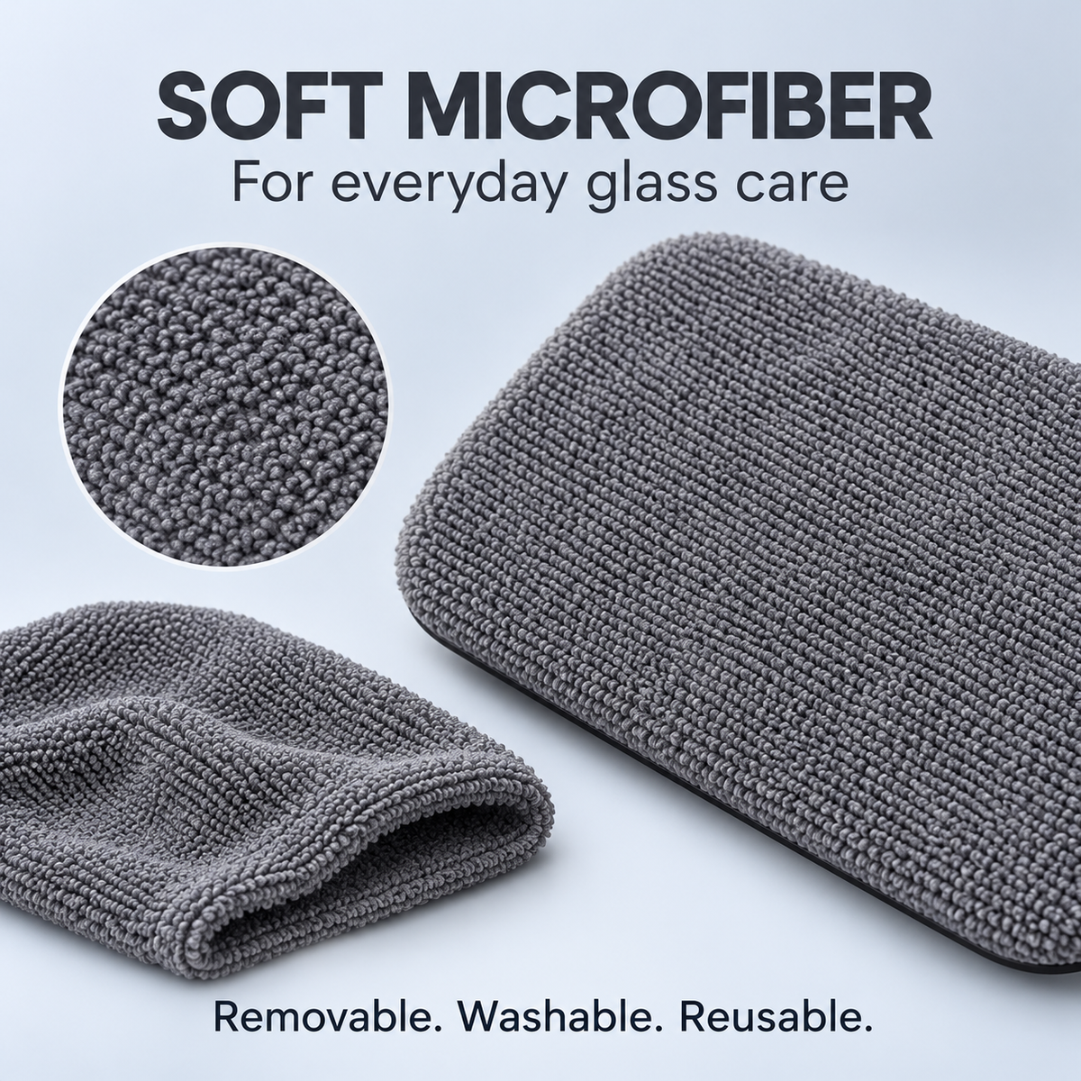 Close-up of the removable gray microfiber cover and its textured cleaning surface.